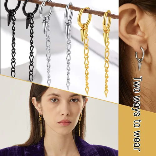 Vista 3 de Aretes colgantes de acero inoxidable para hombres y mujeres, chapados en oro de 18 quilates, aretes colgantes con bisagras, aretes de cadena larga