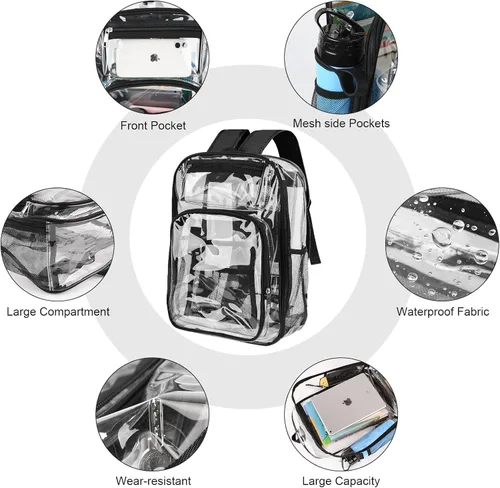 Vista 6 de ANSUN Mochila transparente, mochila transparente de PVC resistente grande, Negro -, Transparente