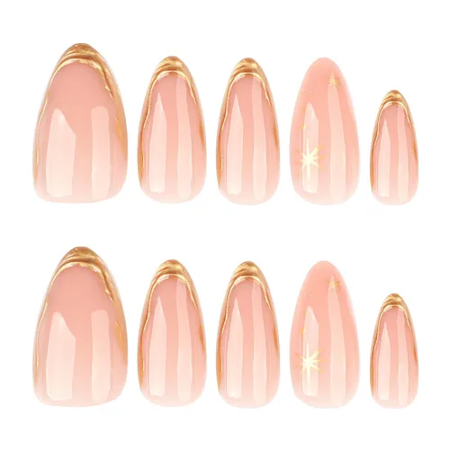 Vista 4 de Uñas postizas a presión de almendra, uñas postizas medianas con diseños de estampado francés de lámina dorada 3D, pegamento dorado Starlight en uñas