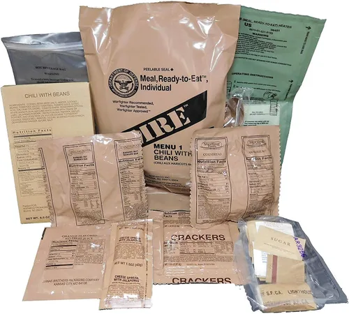 Vista 7 de MREs (Comidas listas para comer) Genuino excedente Militar de EE. UU. (1 Paquete) Sabores variados