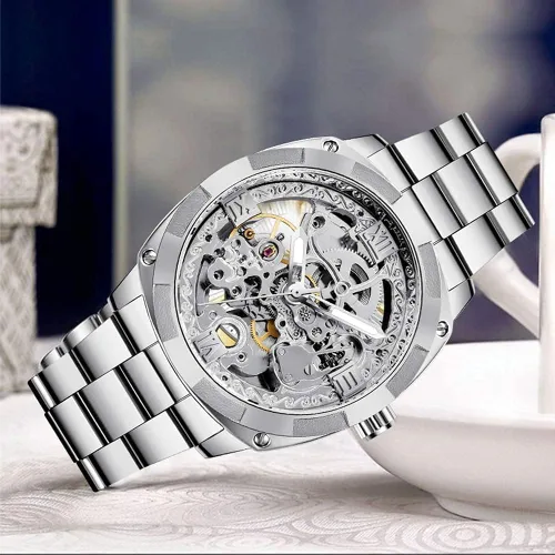 Vista 4 de Reloj esqueleto de pulsera automático estilo steampunk, manecillas luminosas de tono dorado, correa de cuero, 40mm, Plateado plateado