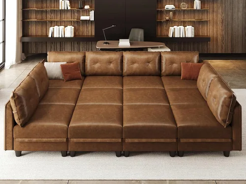 Vista 17 de LLappuil Sofá cama modular modular con almacenamiento, sofás de piel sintética de 6 plazas para sala de estar, color marrón