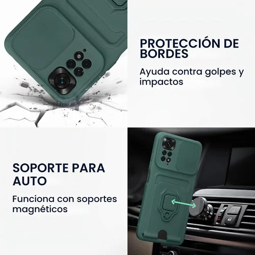 Vista 5 de kwmobile Funda de plástico compatible con Xiaomi Redmi Note 11 / Note 11S - Funda con soporte de metal con ranura para tarjetas - Verde musgo
