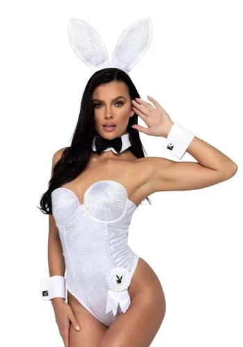 Vista 5 de Disfraz Playboy Mujer Coneja Blanca y Plateada con Piedras Brillantes Multicolor