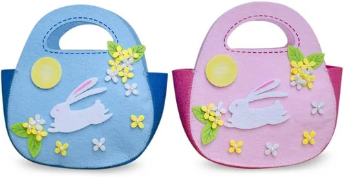 Vista 6 de Juego de 2 cestas de Pascua con conejitos blancos de fieltro rosa y azul, 7.5 pulgadas