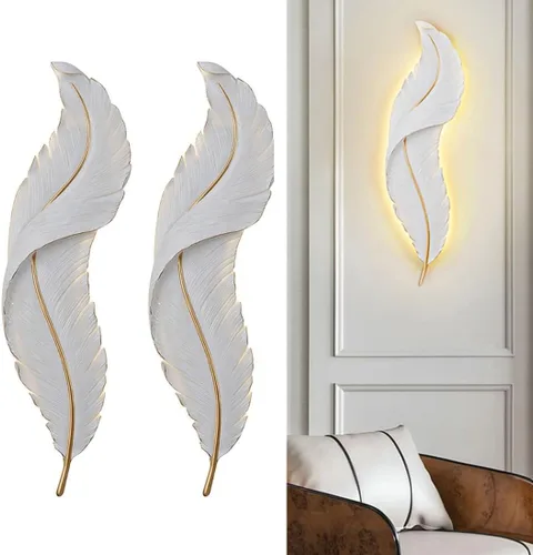 Vista 14 de Lámpara de pared moderna para dormitorio, lámpara de pared LED con diseño de plumas blancas elegante, luz de cuento de hadas, luces de pared de lujo