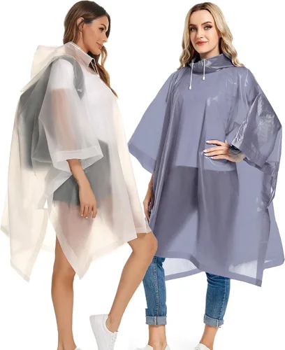 Vista 19 de Ponchos de lluvia reutilizables con capucha con cordón para adultos, abrigo de lluvia grueso impermeable, 2 paquetes