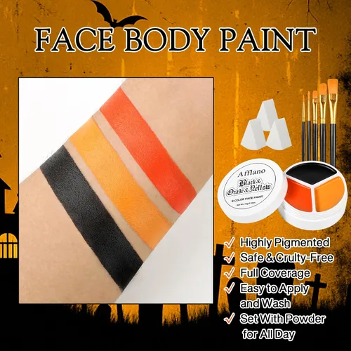 Vista 3 de Pintura corporal negra, naranja y amarilla, kit de maquillaje de espantapájaros de Halloween (3 esponjas + 5 pinceles), 9 piezas de pintura facial