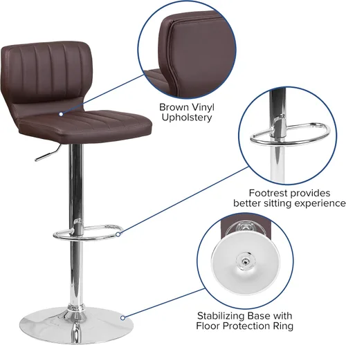 Vista 4 de EMMA + OLIVER Brown Vinyl Adjustable Height Vertical Stitch Back Barstool