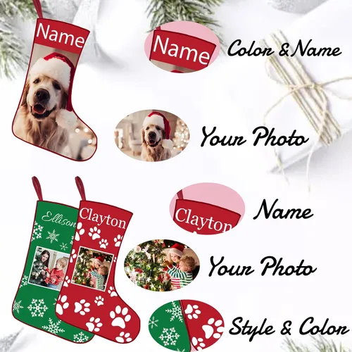 Vista 3 de Calcetines de Navidad personalizados con foto de nombre, imagen de perros y mascotas, patas de perro, calcetines de Navidad, decoración colgante