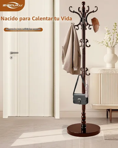 Vista 6 de Perchero de madera independiente, soporte de perchero de madera maciza con 14 ganchos, abrigo de pie vintage resistente, soporte de árbol