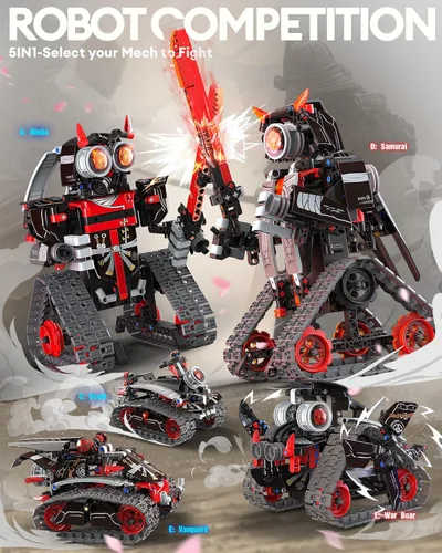 Vista 2 de Opmind Kit de Construcción de Robot RC STEM 5 en 1, Control por APP y Control Remoto, Bloques Samurái/Ninja 419 Piezas, Set de Constructor Juguete