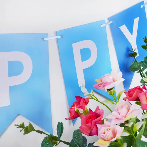 Vista 7 de Cartel azul de feliz cumpleaños, pancarta de feliz cumpleaños, guirnalda para baby shower, revelación de género, suministros de fiesta para niños