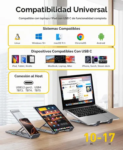 Vista 7 de Estación de acoplamiento con soporte para laptop USB C, monitor dual 4K@60Hz, concentrador USB C 9 en 1 con 2 HDMI, 2 USB 3.0, PD 100W, estación