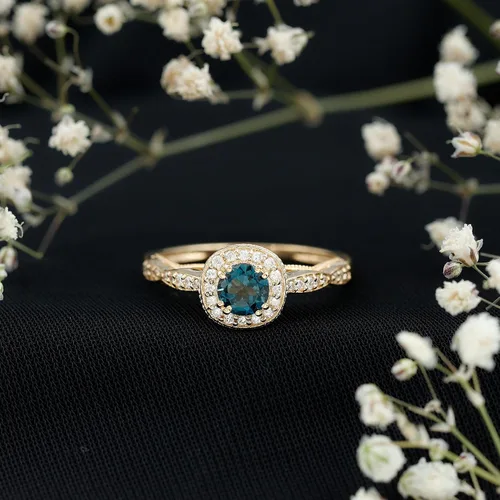 Vista 11 de Anillo de compromiso con halo de diamantes de topacio azul londinense certificado, calidad AAA, anillo de diamantes de topacio azul natural