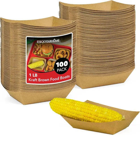 Vista 17 de Paquete de 250 bandejas desechables medianas de papel kraft marrón para alimentos, bandeja de concesión de 1 libra, botes para servir aperitivos