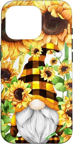 Vista 20 de iPhone 16 Gnomo de girasol con sombrero de cuadros de búfalo para niñas de moda lindo caso