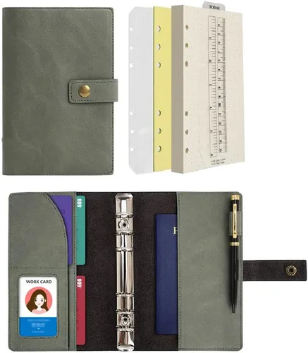Vista 10 de WONDERPOOL Cuaderno de cuero recargable, cuaderno en espiral, carpeta de carpetas de diario A5 con puntos y bolsillos interiores para viajes, Marrón