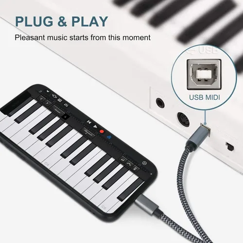 Vista 6 de Cable Lightning a MIDI USB OTG tipo B para iPhone seleccionado, modelos de iPad para controlador midi, instrumento de música electrónico, teclado