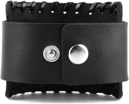 Vista 4 de Negro remaches de metal tachuelas punk rock biker cinturón ancho cuero pulsera guardia correa de muñeca calavera