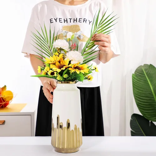Vista 5 de Jarrón grande de cerámica blanca con detalles chapados en oro de 11 pulgadas de alto, florero decorativo para sala de estar, decoración moderna