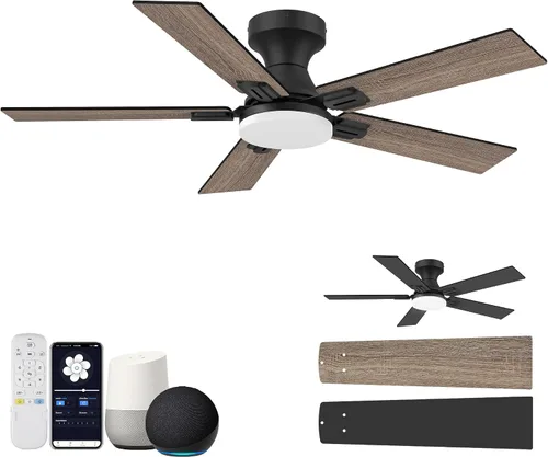 Vista 10 de Ventilador de techo inteligente de 42 pulgadas con control remoto de luces Montaje empotrado en negro y nogal