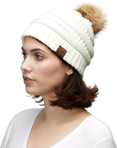 Vista 4 de Gorro unisex liso con pompón y ribete (HAT-43) de C.C Hatsandscarf Exclusives Marfil