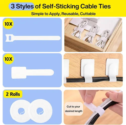 Vista 5 de Kit de gestión de cables [313 piezas], 67 clips adhesivos para cables, organizador de cables de escritorio Topavatop, 22 correas reutilizables