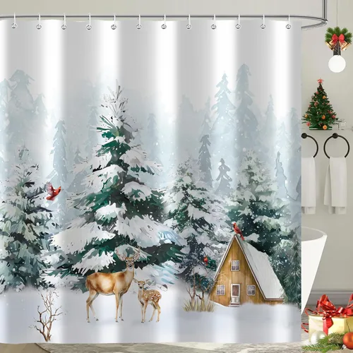 Vista 8 de Cortina de ducha de Feliz Navidad, trineo de Papá Noel, reno, copo de nieve, vacaciones, cuadros rojos y verdes, juego de cortinas de ducha