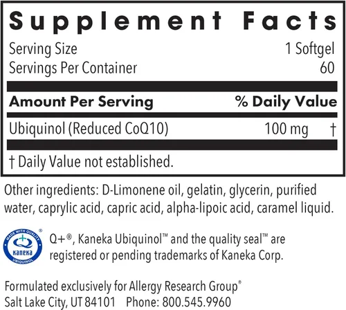 Vista 3 de Allergy Research Group - CoQH-CF Ubiquinol - Antioxidante CoQ10, Estable, Biodisponible - 60 cápsulas blandas