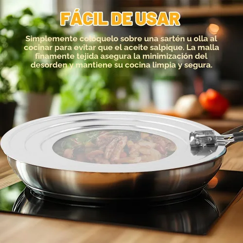Vista 8 de Pantalla de salpicaduras de acero inoxidable para sartén, protector de salpicaduras de grasa plegable con mango aislado plegable para sartenes