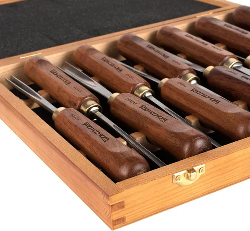 Vista 9 de Juego de 12 piezas de herramientas de tallado de madera para carpintería con caja de madera, cuchillas de acero CR-V 60 ultra afiladas