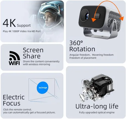 Vista 5 de Soporte para proyector 4K, mini proyector inteligente con Wifi6 y Bluetooth, enfoque eléctrico de 300ANSI, corrección Keystone automática para cine