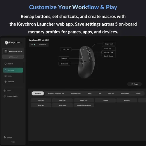 Vista 7 de Keychron M3 Mini 8K Ratón inalámbrico Bluetooth 5.3/2.4 GHz/Ratón óptico con cable, ultraligero de 55g programable con sensor PixArt 3950 hasta
