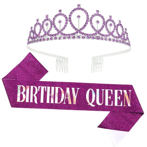 Vista 17 de CAVETEE - Juego de corona y banda de reina de cumpleaños para mujer, banda y tiara de diamantes de imitación, decoraciones de cumpleaños negras Negro