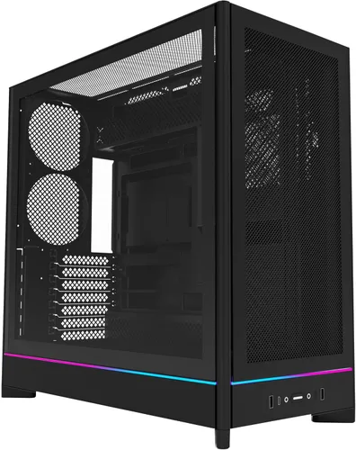 Vista 2 de Caja de PC Montech Serie HS ATX de torre media, PC para juegos, alto flujo de aire, diseño reversible, panel frontal curvo robusto de vidrio