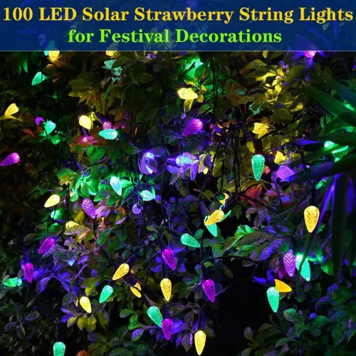 Vista 3 de Luces solares de Navidad para exteriores, cadena de luces C6 de fresa, luces de Mardi Gras, 100 LED, 8 modos, impermeable, uso al aire libre