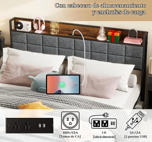 Vista 4 de Base de cama tamaño Queen con cabecera y toma de corriente tapizada para respaldo, no requiere somier, fácil de montar, sin ruido