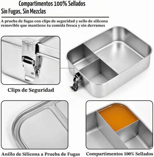 Vista 4 de UPTRUST Fiambrera Bento de acero inoxidable, 3 compartimentos, caja Bento de metal grande de 47.3 fl oz para niños o adultos, contenedor con clips