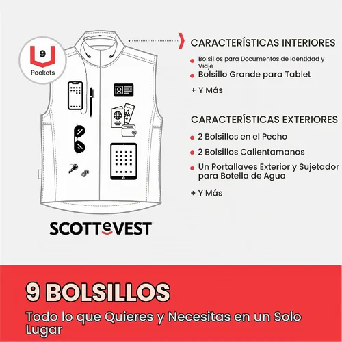 Vista 5 de SCOTTeVEST Chaleco 101 para mujer - 9 bolsillos ocultos - Repelente al agua para viajes y más Negro