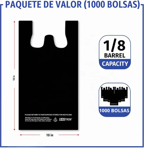 Vista 6 de Bolsas de transporte de camisetas Bagtron, bolsas de plástico desechables con asas para compras y restaurantes, 1/8 barril, 0.51 mils, color negro