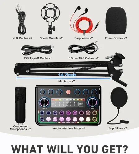 Vista 8 de SkillDance Paquete de equipo de podcast para 2 con placa de sonido y 2 micrófonos, configuración plug-and-play para iPhone, computadora portátil