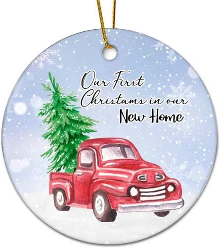 Vista 3 de Adornos redondos de cerámica para Navidad, camión rojo de Navidad, nuestra primera Navidad en nuestro nuevo hogar, adornos para árbol de Navidad