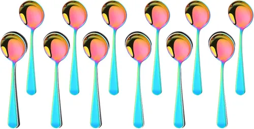 Vista 8 de Juego de 12 cucharas de sopa redondas de acero inoxidable, cucharas de caldo de 6 pulgadas, color negro