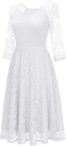 Vista 2 de Dressystar - Vestido de encaje, acampanado y de manga larga, longitud hasta por debajo de la rodilla, ideal para una dama de honor y para usar