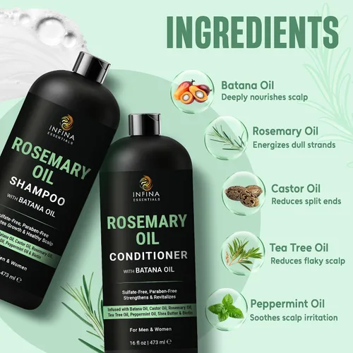 Vista 4 de INFINA ESSENTIALS Champú y Acondicionador con Aceite de Romero 16 fl oz cada uno con Aceite de Batana Fórmula Sin Sulfatos, Hidratante