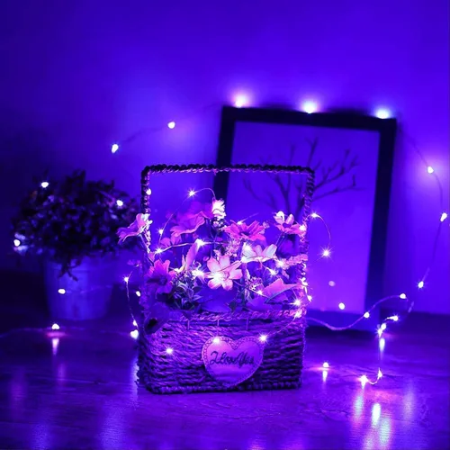 Vista 7 de RUICHEN Guirnalda de luces de alambre de cobre enchufable de 33 pies, 100 luces LED con carrete, color morado