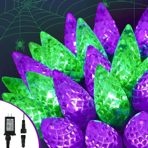 Vista 10 de Guirnalda de luces de Halloween conectables C6 de 250 LED, 82 pies, impermeable, luz morada para exteriores, luz parpadeante de hadas enchufable