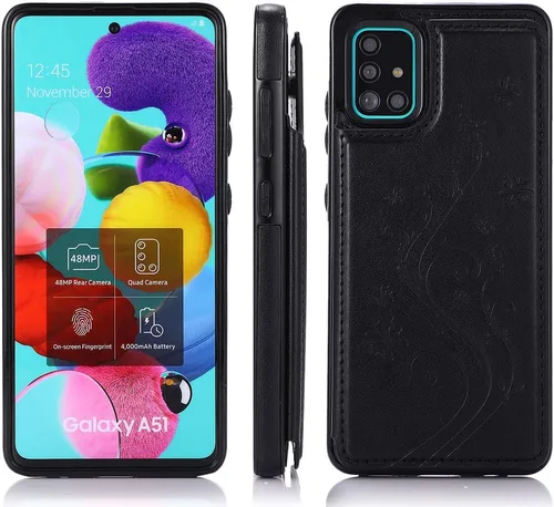 Vista 3 de Funda de teléfono para Samsung Galaxy A51 4G con protector de pantalla de vidrio templado y tarjetero con soporte para tarjetero, accesorios de Negro