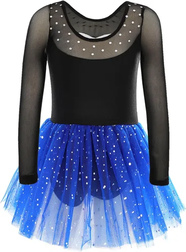 Vista 9 de EQSJIU Leotardo de ballet de manga larga con falda tutú para niñas, baile, gimnasia, niños pequeños, vestido de fiesta de copo de nieve brillante